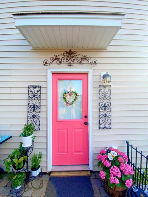 Bright Color Front Door, Colorful Front Doors, Bright Front Doors, Coral Door, Tan House, Pink Front Door, Flamingo Color, Outdoor Pool Area, Exterior Paint Colors For House