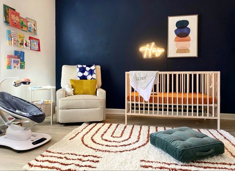 Gem Tone Nursery, Blue And Rust Nursery, Jewel Toned Nursery, Boy Nursery Colorful, Blue And Burnt Orange Nursery, Navy And Orange Nursery, Deep Teal Nursery, Navy Nursery Neutral, Bold Nursery Ideas