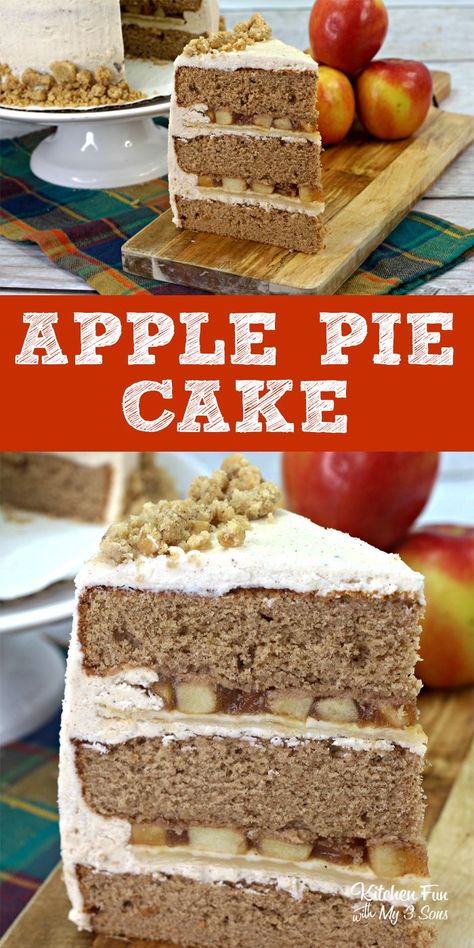 Apple Pie Cake is a yummy combination of moist cinnamon cake and apple pie. The best of both worlds! | Fall Dessert Recipes | Apple Pie Recipe #yummy #cake #food #recipes Dessert Recipes Apple, Moist Cinnamon Cake, Fall Dessert Recipes Apple, Cinnamon Frosting, Apple Pie Cake, Cake Cinnamon, Cake Apple, Bread Pudding With Apples, Fantastic Recipes