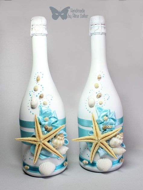 Deco Theme Marin, Wine Bottle Art, Shell Crafts Diy, Glass Bottles Art, Wine Bottle Diy Crafts, Sea Crafts, Painted Wine Bottles, Diy Bottle Crafts, Wine Bottle Diy