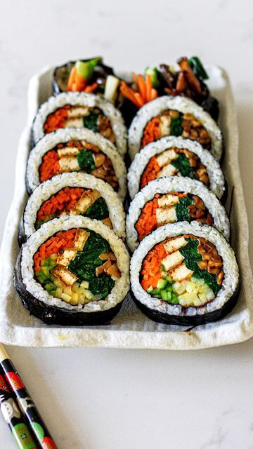 Tofu Kimbap, Veggie Kimbap, Vegan Kimbap, Tofu Mayo, Vegan Japanese, Pan Fried Tofu, Food Plating Techniques, Bamboo Shoot, Firm Tofu