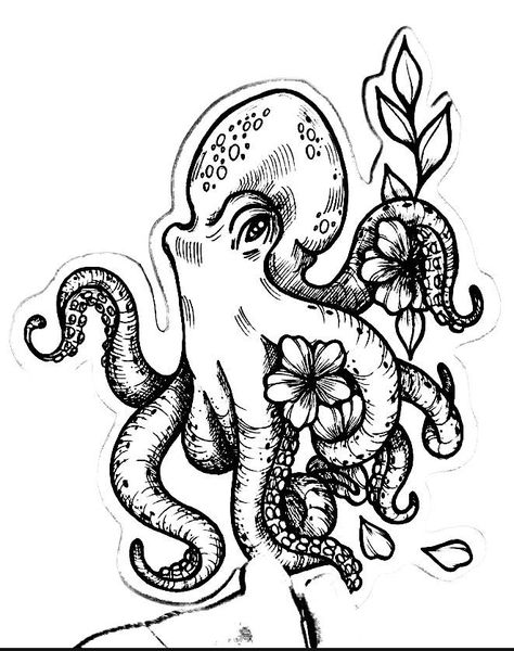 Octopus And Flower Tattoo, Octopus With Flowers Tattoo, Floral Octopus Tattoo, Octopus Drawing Tattoo, Small Octopus Tattoo, Octopus Tattoo Sleeve, Owl Tattoo Drawings, Girl Thigh Tattoos, Octopus Tattoo Design