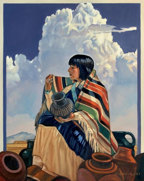 Dennis Ziemienski, Potter at the Pueblo, oil on canvas, 30 x 24. - Southwest Art Magazine Southwest Art Paintings, Santa Fe Art, Native American Paintings, Navajo Nation, Cloud Art, Art Exhibit, Art Magazine, Blue Rain, Southwest Art