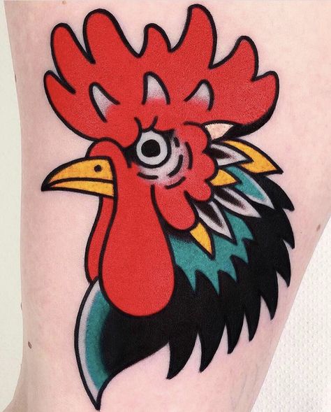 Easy American Traditional Tattoo, Traditional Rooster Tattoo Design, Rooster Tattoo Traditional, Rooster American Traditional Tattoo, Americana Tattoo Traditional, Rooster Tattoo Design, American Traditional Animal Tattoo, Rooster Leg Tattoo, Rooster Trad Tattoo