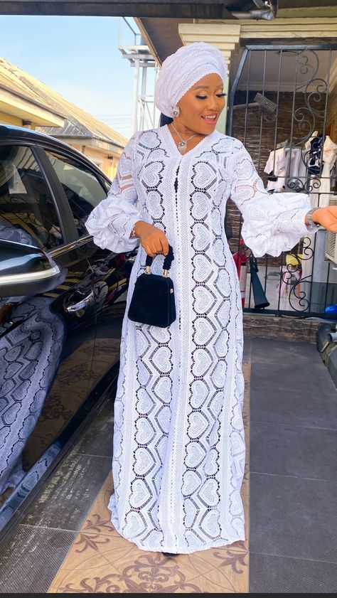 Gown Styles For Laces, Woman Lace Style, Nigerian White Lace Long Gown Styles, White Lace Free Gown Styles Nigerian, White Lace Styles In Nigeria 2023, A Line Lace Gown Nigeria, Latest White Lace Styles In Nigeria, Dry Lace Bubu Gown Styles Nigerian, Kaftan Lace Styles For Women