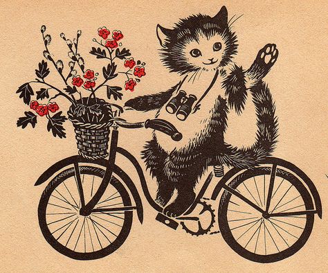 Cat riding bike    This illustration comes from a little book called 'Where have you been?' by Margaret Brown. Published in 1952 by Scholastic in the USA. The pictures are by Barbara Cooney Vintage Bike Illustration, Barbara Cooney, Cat Riding, Margaret Wise Brown, Cartoon Cats, Bike Illustration, Riding Bike, Dancing Cat, Curious Cat