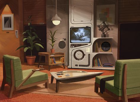 ArtStation - Retrofuturistic living room Retro Futurism Interior, Retro Futuristic Interior, Futuristic Room, Neo Futurism, Retro Interior Design, Interior Paintings, Casa Vintage, Futuristic Interior, Retro Interior