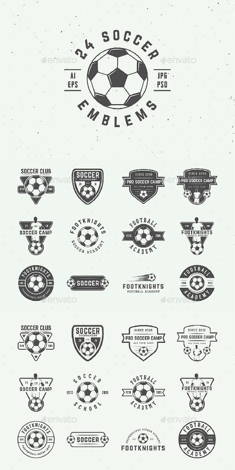 24 Vintage Soccer Emblems - Template PSD, Vector EPS, AI Illustrator Sport Logo Ideas, Soccer Logo Design Ideas, Soccer Graphics, Football Logo Design, Sports Logo Inspiration, Football Logos, Sport Logo Design, Vintage Logos, Human Icon