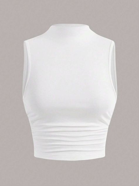 SHEIN Qutie Mock Neck Ruched Side Tank Top | SHEIN USA Lisa Outfit Ideas, Plain White Top, Crop Top Blanco, White Tee Jeans, Tank Tops White, Collar Crop Top, White Tank Tops, High Leg Swimsuit, Bralet Tops