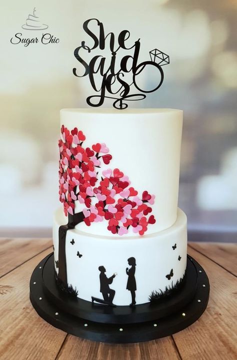 Love Story: The Proposal by Sugar Chic Proposal Cake Ideas, Proposal Cakes Ideas, Engagement Cake Images, Engagement Cake Ideas, Proposal Cake, Engagement Party Cake, Happy Anniversary Cakes, Wedding Anniversary Cakes, Romantic Wedding Cake