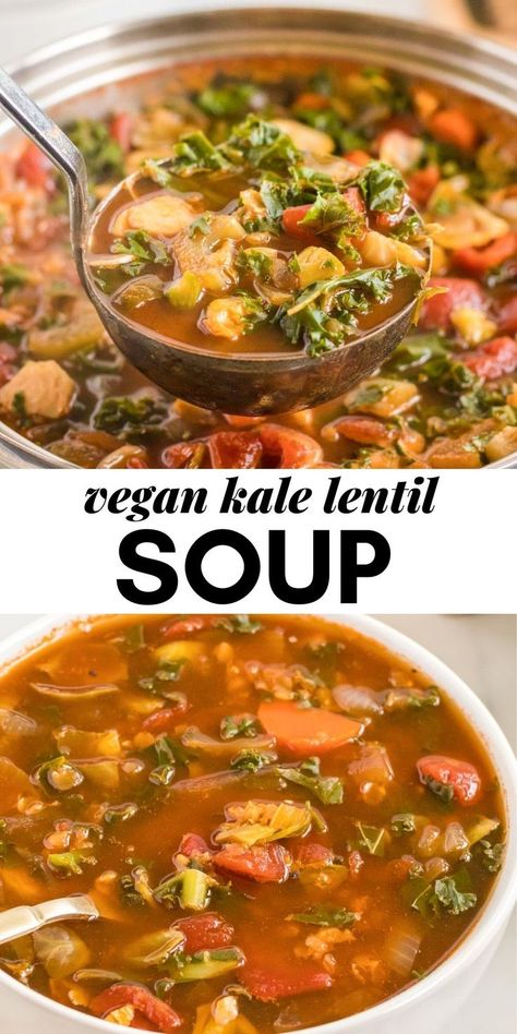 2 reviews · 35 minutes · Vegan Gluten free · Serves 6 · This simple red lentil tomato soup with kale and Brussels sprouts is easy to make, satisfying and so nutritious! You’ll love this soup for a quick meal that stores well for healthy meals all week. Kale Lentil Soup, Lentil Tomato Soup, Vegan Stews, Noodle Soup Vegan, Tempeh Chili, Lentil Kale Soup, Chickpea Noodle Soup, Lentil Kale, Chickpea Noodle