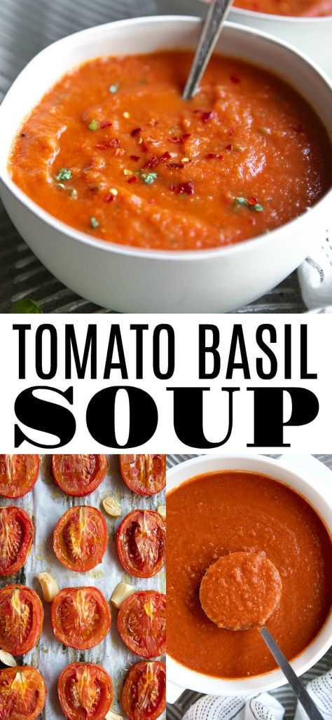 Homemade Tomato Basil Soup, Basil Soup Recipe, Tomato Basil Soup Recipe, Tomato Soup Homemade, Roasted Tomato Soup, Basil Soup, Tomato Basil Soup, Tomato Basil, Recipes Homemade