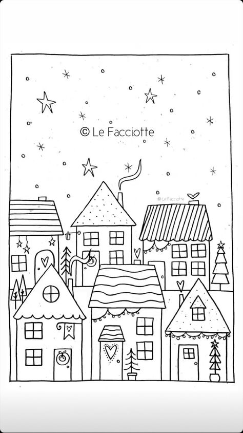 Simple Christmas Scenes Drawing, Christmas Town Drawing Easy, Winter Houses Drawings, Row Of Houses Drawing, Christmas House Doodle, Christmas House Drawing Easy, Christmas City Drawing, Christmas Village Doodle, Christmas Drawing House