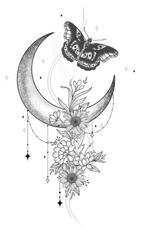 Bee And Moon Tattoo, Lower Back Cover Up Tattoos For Women, Butterfly And Moon Tattoo, Cover Up Tattoos For Women, Butterfly With Flowers Tattoo, Colour Tattoo For Women, Line Tattoo Ideas, Orchid Tattoo, Pyrography Patterns