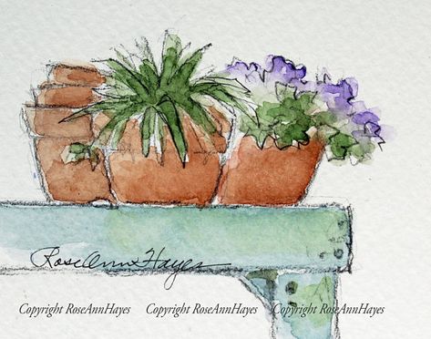 Flower Pots Purple Flowers Garden Watercolor Painting RoseAnn Hayes. #purple, #flowers, #watercolor, #painting, #garden, #flowerpot Watercolor Potted Flowers, Garden Design Sketch, Flower Pots Watercolor Painting, Vintage Flower Art, Sketch Flower, Plants Watercolor, Aceo Art, Purple Flowers Garden, Painting Garden