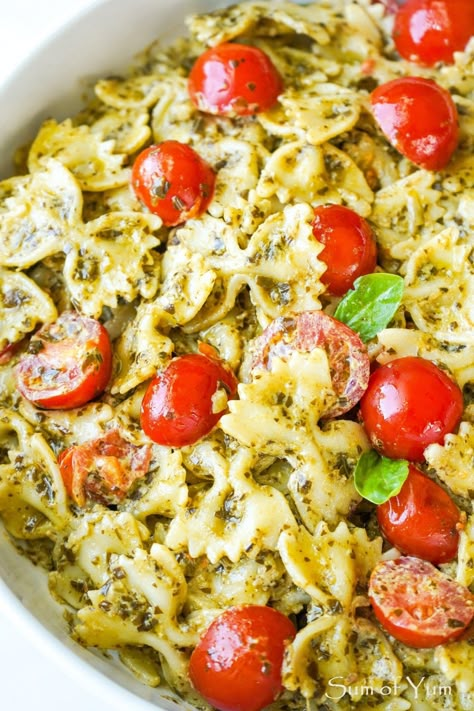 Creamy Pesto Pasta with cherry tomatoes and the best basil pesto sauce is super yummy! This easy pesto pasta recipe is ready in 15 minutes! | sumofyum.com Pesto Dried Tomato Pasta, Pasta Salad With Creamy Pesto Vinaigrette, Pest Pasta Recipes, Pioneer Woman Pesto Pasta, Pesto Bow Tie Pasta Recipes, What To Use Pesto Sauce On, Pesto Pasta Dishes Dinners, Creamy Pesto Pasta Salad Recipes, Pasta Recipes With Pesto Sauce