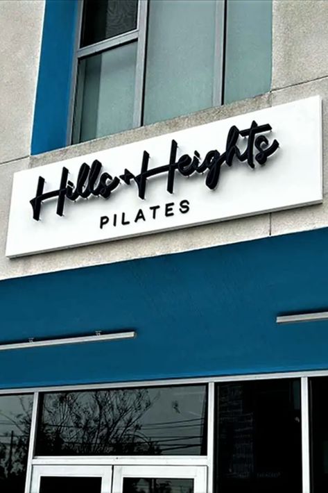 Appealing outdoor sign for Hills & Heights Pilates mounted on the facade. The custom sign is made of high-quality aluminum and acrylic materials. Outdoor Signs, Acrylic Material, Custom Sign, Pilates, Loft, Branding, Exterior, Signs, High Quality