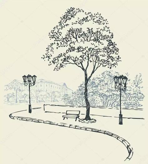 Park Sketch, Bench Drawing, Vector Cityscape, Park Benches, Sketch Note, Simple Drawings, Pen Art Drawings, Landscape Sketch, Art Basics