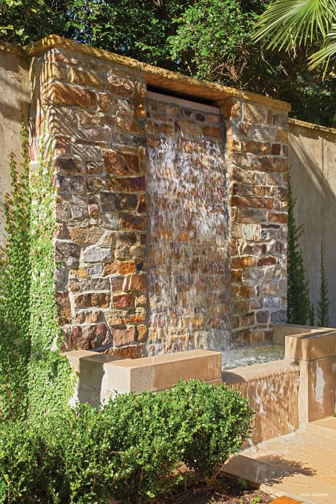 Garden Presence Tall Water Features In The Garden, Waterfalls Backyard Water Walls, Stacked Stone Water Feature, Outdoor Kitchen Patio Ideas Backyards, Wall Fountains Backyard, Backyard Water Feature Ideas, Garden Waterfall Ideas, Water Feature Ideas, Fountain Wall