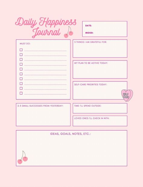 Daily Happiness Journal Sheet, Digital Download, Priority Sheet, To do list, Promote Happiness, Therapeutic, Printable, Self-care Worksheet passionplanner #printableplanners #printablestudentplanner🌷 Digital List Template, Self Care Template, Bullet Journal On Ipad, Pink Daily Planner, Cute Daily Planner, Self Care Worksheets, Student Planner Printable, Happiness Journal, Goal Journal