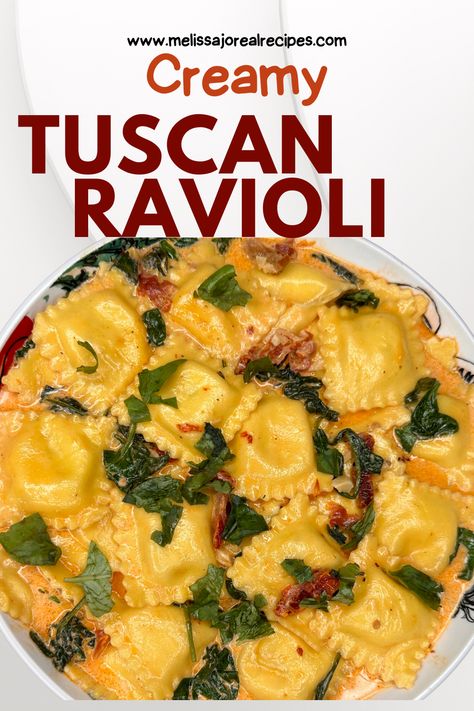 Indulge in the rich flavors of creamy sun-dried tomato ravioli with garlic spinach. Follow my step-by-step recipe to create a mouthwatering Creamy Tuscan Ravioli that will leave your taste buds craving for more. Get ready to experience a medley of flavors with this easy-to-follow recipe. This recipe combines the richness of sun-dried tomatoes, the creaminess of a luscious sauce, and the freshness of spinach. Get ready to treat your palate to a burst of flavors! Creamy Tuscan Ravioli, Tuscan Ravioli, Tomato Ravioli, Crockpot Peach Cobbler, Bbq Chicken Sliders, Cobbler Easy, Garlic Spinach, Crock Pot Tacos, Ravioli Recipe