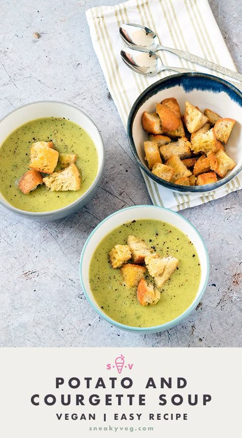 A deliciously creamy potato and courgette soup that makes a delicious summer lunch or starter. Easy to make and suitable for vegans. #soup #courgette #zucchini #courgettesoup #summersoup Potato And Courgette Recipes, Healthy Courgette Recipe, Vegan Courgette Recipe, Courgette Soup Recipe, Soup For Kids, Courgette Recipe, Allotment Recipes, Courgette Soup, June Recipes