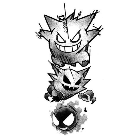 Anime Tattoos Black And White, Gangart Pokemon Tattoo, Marowak Tattoo, Dark Pokemon Tattoo, Tattoo Ideas Pokemon, Pokemon Tattoo Black And White, Gengar Sketch, Gengar Pokemon Tattoo, Gengar Tattoo Design