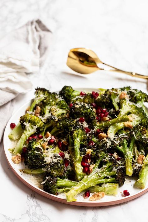 Roasted Parmesan Broccoli with Pomegranates and Walnuts | Inspiralized | Bloglovin’ Roasted Parmesan Broccoli, Beet Sandwich, Maple Chicken, Broccoli Dishes, Parmesan Broccoli, Pomegranate Salad, Shredded Brussel Sprouts, Nutritious Breakfast, Roasted Salmon