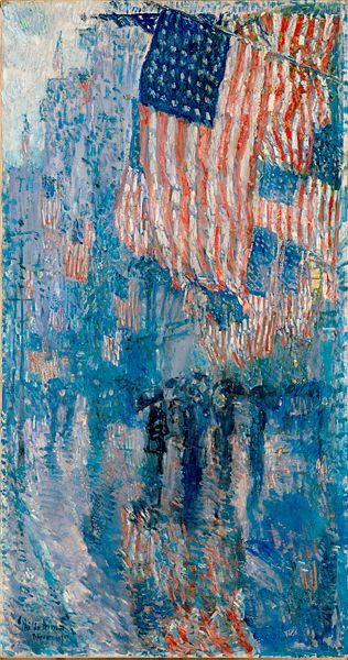 190.tif | The Avenue in the Rain | FotoWeb 8.0 Childe Hassam Paintings, Foggy Background, Frederick Childe Hassam, American Impressionism, Strong Symbol, Rain Painting, Most Famous Paintings, Flag Painting, Childe Hassam