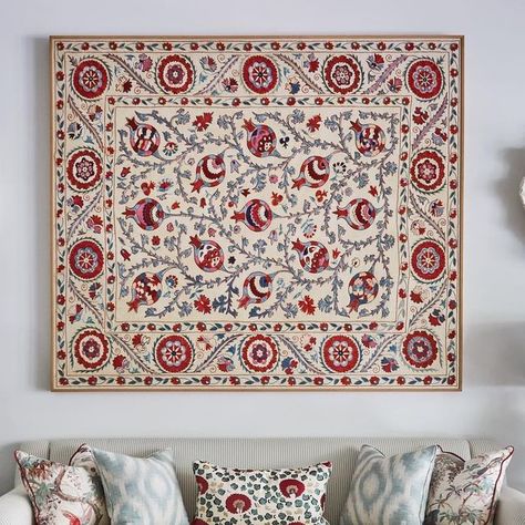 ELIZABETH HAY DESIGN on Instagram: "White walls mean that this room feels fresh, light and bright whilst the patterns on the smaller pieces of furniture and cushions still create a layered and cosy feeling within the room. We framed an antique suzani and the shell wall sculptures add depth and texture without it feeling too busy." Antique Suzani, Elizabeth Hay, Compact Furniture, Sitting Rooms, Hay Design, Instagram White, Red Walls, Family Rooms, Antique Textiles