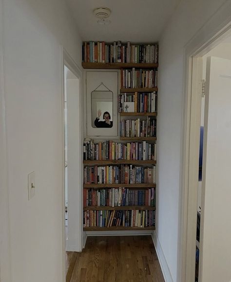 Books On Shelf Aesthetic, End Of Hallway Bookshelf, 1930s Home Interior, Wood Apartment Decor, Shelf Near Ceiling, Whimsical Home Office, Maximalist Apartment Aesthetic, Book Hallway, Small Nook Ideas Hallways