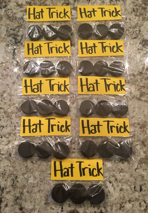 Hat trick Oreos to put in hockey goody bags Hockey Tailgate Ideas, Hockey Playoff Ideas, Hockey Goodie Bag Ideas Team Gifts, Hockey Treats For Team, Hockey Tournament Swag Bag Ideas, Ice Hockey Party Ideas, Hockey Jamboree Ideas, Ice Hockey Birthday Party, Hockey Tournament Fundraiser Ideas