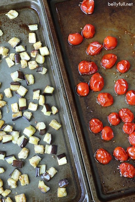 Spicy Roasted Eggplant and Cherry Tomatoes will be your new favorite side dish. Simple, but bursting with flavor! #eggplant #eggplantrecipes #roastedeggplant #roastedvegetableshealthy Roasted Vegetables Healthy, Eggplant Side Dishes, Oven Roasted Eggplant, Easy Eggplant, Parmesan Roasted Cauliflower, Easy Mediterranean Diet Recipes, Roasted Eggplant, Roast Eggplant, Easy Oven