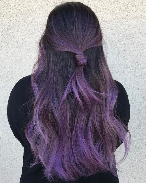 Long Pastel Purple Balayage Hair Pastel Purple Hair Highlights, Lilac Balayage Brunettes, Brown And Purple Hair Balayage, Purple Balayage Hair, Purple Balayage, Purple Ombre Hair, Black Hair Dye, Balayage Hair Dark, Hair Color Purple