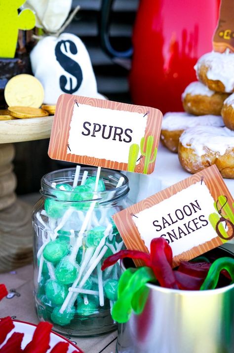 Western Themed Candy from a Wild West Cowboy Party on Kara's Party Ideas | KarasPartyIdeas.com (14) Cowboy Party Ideas, Cowboy Food, Cowboy Themed Birthday Party, Cowboy Theme Party, Wild West Party, Rodeo Party, Party Food Labels, Pony Cake, Cowboy Birthday Party