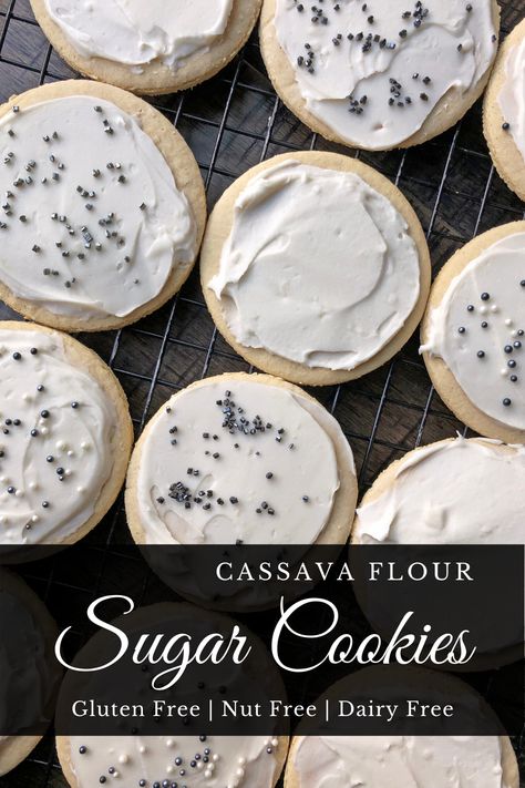 Grain Free Nut Free Desserts, Aip Sugar Cookie Recipe, Cassava Sugar Cookies, Cassava Flour Sugar Cookies, Paleo Cutout Cookies, Paleo Cookie Frosting, Nut Free Christmas Baking, Cassava Flour Cookies Paleo, Cassava Flour Christmas Cookies