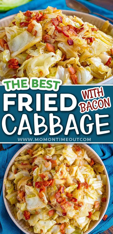 This delicious Fried Cabbage recipe is a quick and easy comfort food side dish that is ready to enjoy in under 30 minutes. Made with bacon, onion and garlic for the most delicious fried cabbage recipe you've ever tried! // Mom On Timeout Fried Cabbage Recipes Bacon, Sauteed Cabbage With Bacon, Cabbage Onion Bacon Recipe, Air Fryer Fried Cabbage Recipes, Fried Caggabe Recipes, Fried Cabbage Recipes Easy No Bacon, The Best Fried Cabbage, Cabbage And Bacon Recipes Fried, Fried Cabbage And Onions