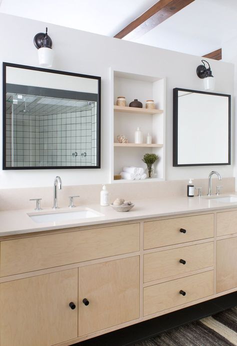 Jun 28, 2018 - Dual sink vanity with black square mirrors, black hardware, and built in shelf on wall between mirrors | SIMO DESIGN Simo Design, Partial Wall, Tiled Bathroom, Mini Bad, Bathroom Mirror With Shelf, Recessed Shelves, Bathroom Sink Decor, Midcentury House, Double Sinks