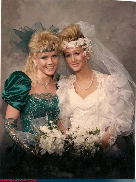 Wedding headbands were bad then, they are bad now. Terrence Loves You, 1980s Wedding, 80s Wedding, Wedding Singer, Funny Wedding Pictures, Funny Wedding Photos, Vintage Wedding Photos, Vintage Prom, Wedding Gowns Vintage