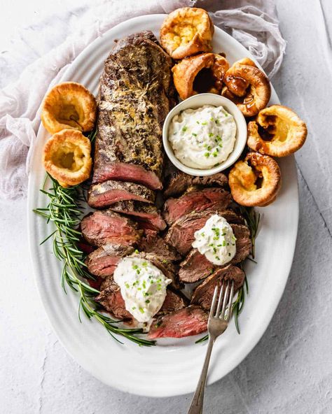 Succulent slices of seared beef fillet served with a homemade horseradish cream made from cream, sour cream, lemon juice, horseradish and chives. The beef fillet is coated in oil and salt and pepper before being seared on the BBQ. Then, it gets covered in mustard before being placed in the oven to finish off. Cook your meat to your preference and alter the cook times accordingly. #vjcooks #beeffillet #christmasdinner Beef Fillet Recipes, Fillet Of Beef, Homemade Horseradish, Creamy Horseradish Sauce, Baked Mushrooms, Roasting Times, Leftover Beef, Horseradish Cream