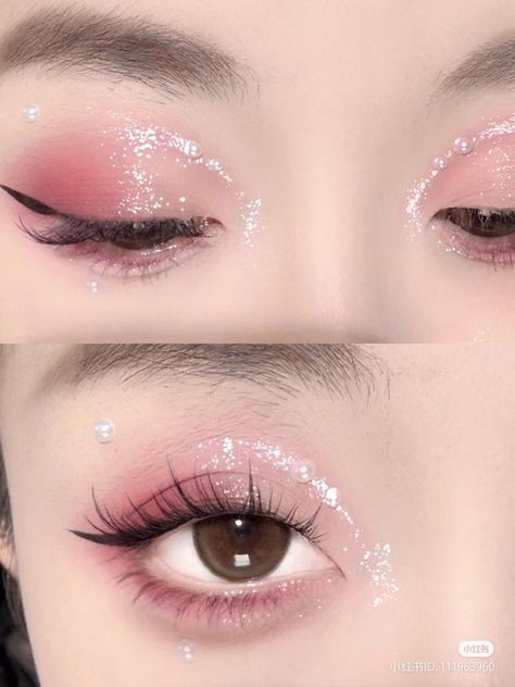 Pink And Gold Douyin Makeup, Cutecore Makeup Looks, Kpop Pink Makeup, Pink Cosplay Makeup, Twice Concert Makeup, Pink Princess Makeup Looks, Girly Pink Makeup, My Melody Inspired Makeup, Pink Doyun Makeup