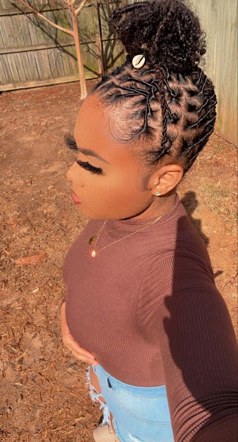 Loc styles Loc Ponytail With Curls, Loc Updo Bun Styles, High Pony Loc Styles, Loc Pinups Styles, Short Dread Styles Updo, Starter Locs Ponytail Styles, Starter Locs Styles Updo, Space Bun Loc Style, Loc Styles Starter Locs