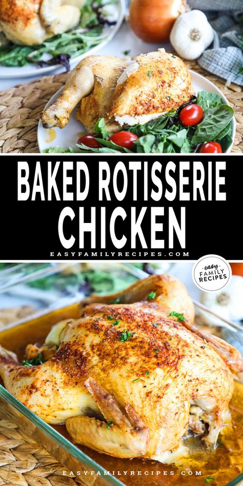 This homemade rotisserie chicken recipe is made with simple ingredients in your home oven! I LOVE making this rotisserie chicken in the oven for my family. A low and slow cooking technique, 3 easy ingredients, plus a super simple rotisserie chicken seasoning blend to recreate the flavor and juiciness of a store bought chicken right at home. It’s SO easy to prep, is completely hands off, and can be a wonderful family dinner recipe or be made as meal prep to use in TONS of other amazing recipes. Best Baked Whole Chicken, Rotisserie Chicken In The Oven, Homemade Rotisserie Chicken, Baked Whole Chicken, Easy Delicious Chicken Recipes, Rotisserie Chicken Seasoning, Whole Baked Chicken, Rotisserie Chicken Recipe, Chicken In The Oven