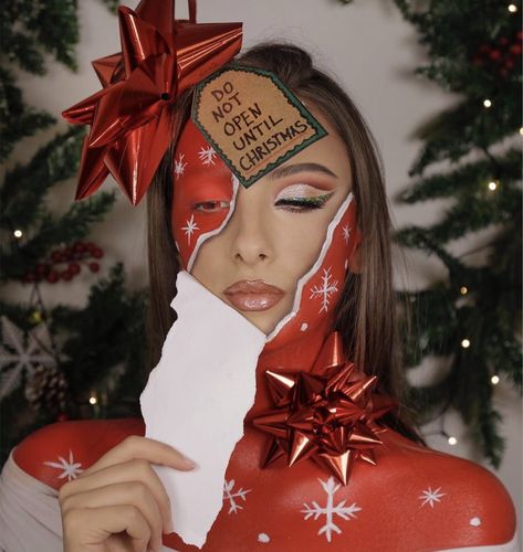 Christmas Makeup Looks Creative, Christmas Present Makeup, Creative Christmas Makeup Ideas, Christmas Makeup Looks Easy, Christmas Makeup Ideas Holiday, Cute Christmas Makeup Looks, Sally Nightmare Before Christmas Makeup, The Nightmare Before Christmas Makeup, Creative Christmas Makeup Looks