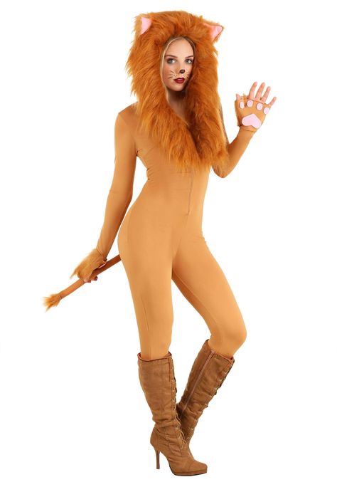 PRICES MAY VARY. 100% Polyester Zipper closure Hand Wash Only Women's Hooded Lion Costume 100% polyester stretch knit jumpsuit Faux fur trimmed hood has ears sewn to top Front zipper w/ elastic loop and button closure to secure hood Lioness Costume, Powerful Personality, Lion Makeup, Lion Halloween Costume, Tan Jumpsuit, Fierce Lion, African Savannah, Lion Costume, Animal Costumes