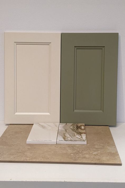 Monday Designer Board - Sage and Cream. Our showroom manager picked out this combination today. Bellmont Cabinet Company's Icon and Whitney Doors in Biscuit and Amazon plus Bedrosian's Sequel Quartz in Oro and Antique. #DesignerBoard #BellmontCabinetCompany #Bedrosians Cream And Green Cabinets, Cream Green And Wood Kitchen, Creamy Green Kitchen Cabinets, Biscuit Kitchen Cabinets, Olive Color Cabinets, Cream Kitchen Green Walls, Off White And Green Kitchen Cabinets, Moss Green Island Kitchen, Beige Green Cabinets