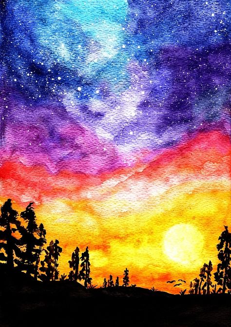 Sunset Galaxy Dream by TigaTiga  #galaxy #space #rb #redbubble #sunset #sunrise #landscape #watercolor #clouds #buy #online #yellow #red #blue #purple #black #trees #pine #stars #dream #bright #magenta #navy #print #home #decor #forest Sunset Galaxy, Pine Tree Watercolor, Sunset Simple, Acrylic Painting Ideas For Beginners, Easy Acrylic Painting Ideas, Sunset Watercolor, Painting Ideas For Beginners, Acrylic Painting Ideas, Easy Acrylic Painting