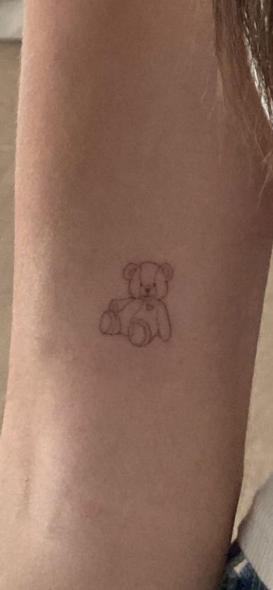 Minimal Bear Tattoo, Bunny Teddy Tattoo, Dainty Small Tattoos, Stuffed Animal Tattoo Simple, Teddy Bear Tattoo Designs, Teddy Bear Tattoo Aesthetic, Small Teddy Bear Tattoo, Bunny Tattoo Placement, 2023 Tattoo Ideas