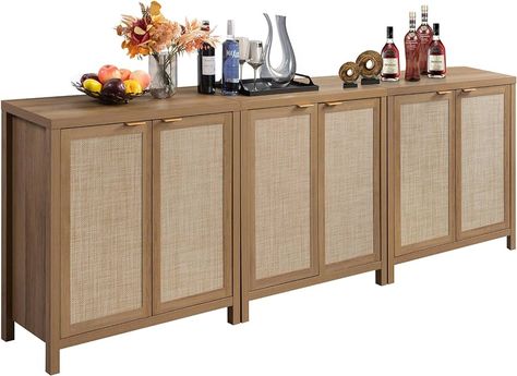 Amazon.com - SICOTAS Rattan Sideboard Buffet Credenza Cabinet - 2 Pieces Large Farmhouse Kitchen Coffee Bar Cabinet with Rattan Storage - Boho Wood Chest Storage Cabinet for Entryway Living Room - Oak - Buffets & Sideboards Buffet Coffee Bar, Rattan Credenza, Liquor Storage Cabinet, Storage Rattan, Credenza Cabinet, Decorated Doors, Coffee Bar Cabinet, Rattan Sideboard, Cabinet With Storage