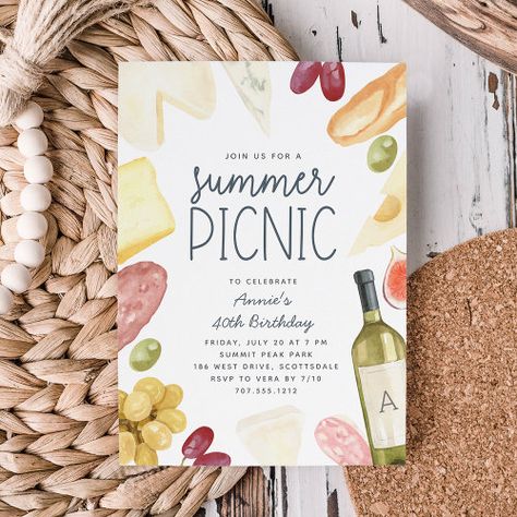 Charcuterie Wine & Cheese Summer Picnic for $2.92 - Birthday Invitations Summer Picnic Party, Picnic Invitations, Summer Invitation, Picnic Birthday Party, Birthday Menu, Chic Invitation, Invitations Design, Picnic Birthday, Modern Lettering